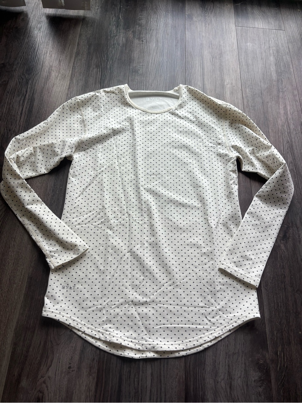 BYLT Basics Women's Long Sleeve White Tee with Black Dot Print